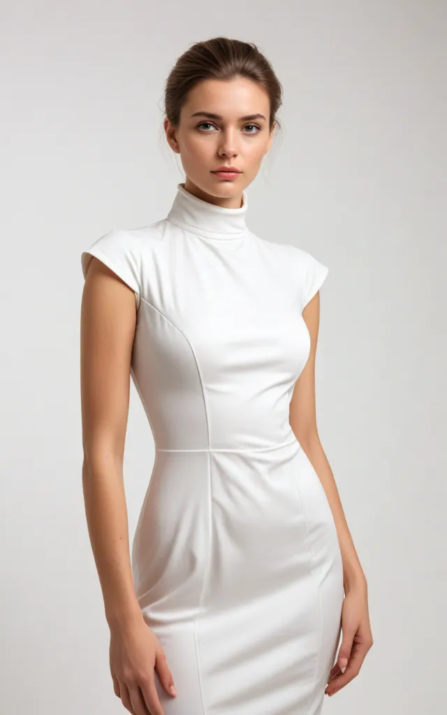 A European female model wearing a dress with a High   collar, white background, bust portrait